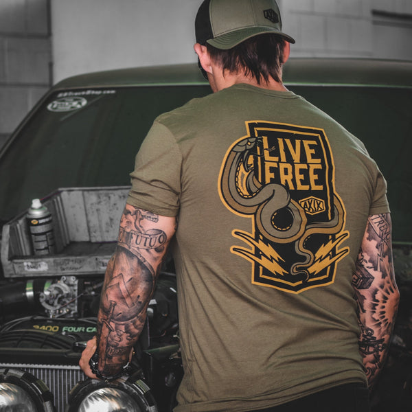 Live Free, Army Green Active Tee